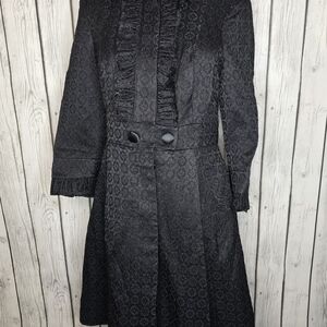 Andrea Becker Black Metallic Jacquard Ruffle Trench Coat Whimsigoth Formal 8